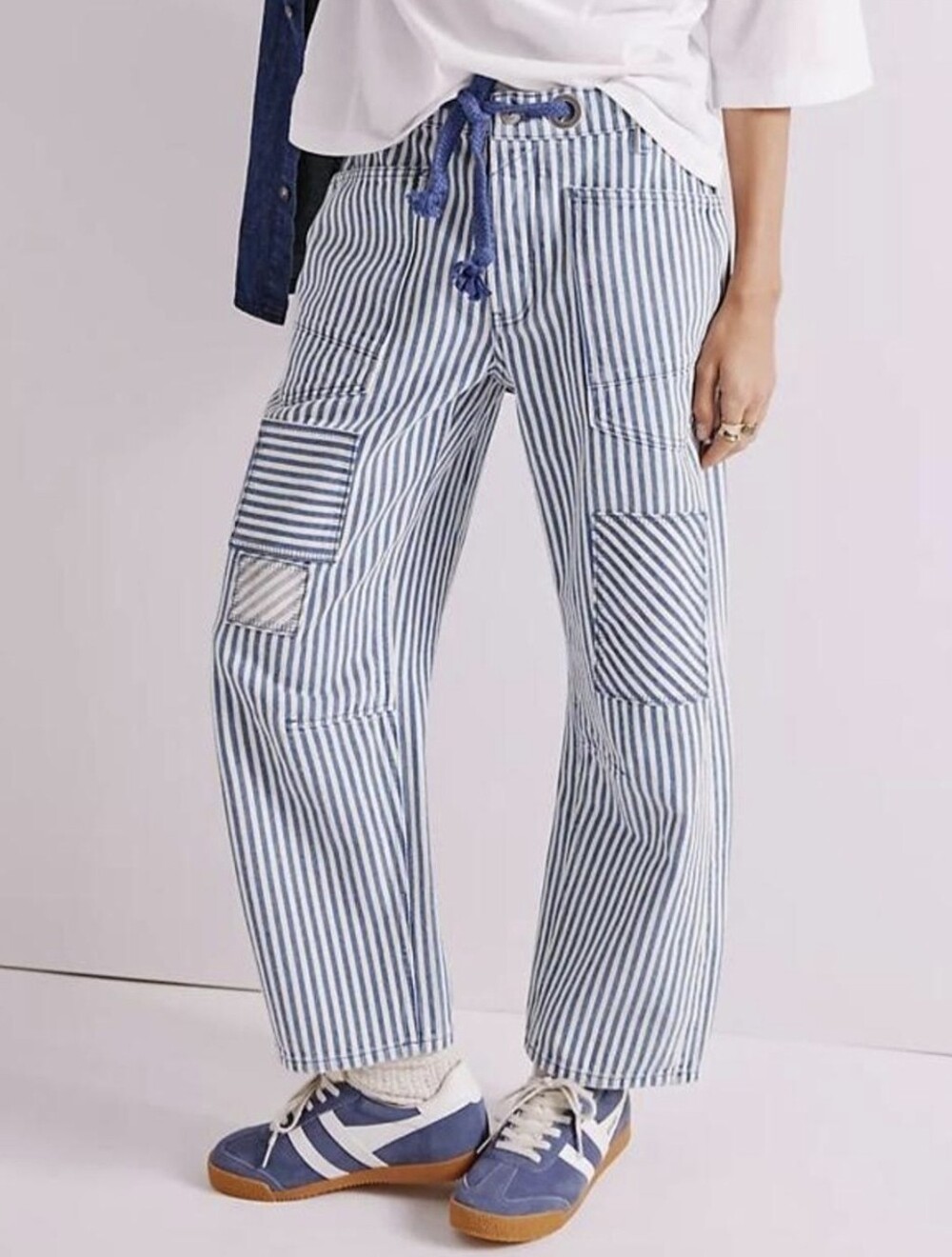 Free People Moxie Low Slung Striped Blue Patchwork Wide-Leg Jeans